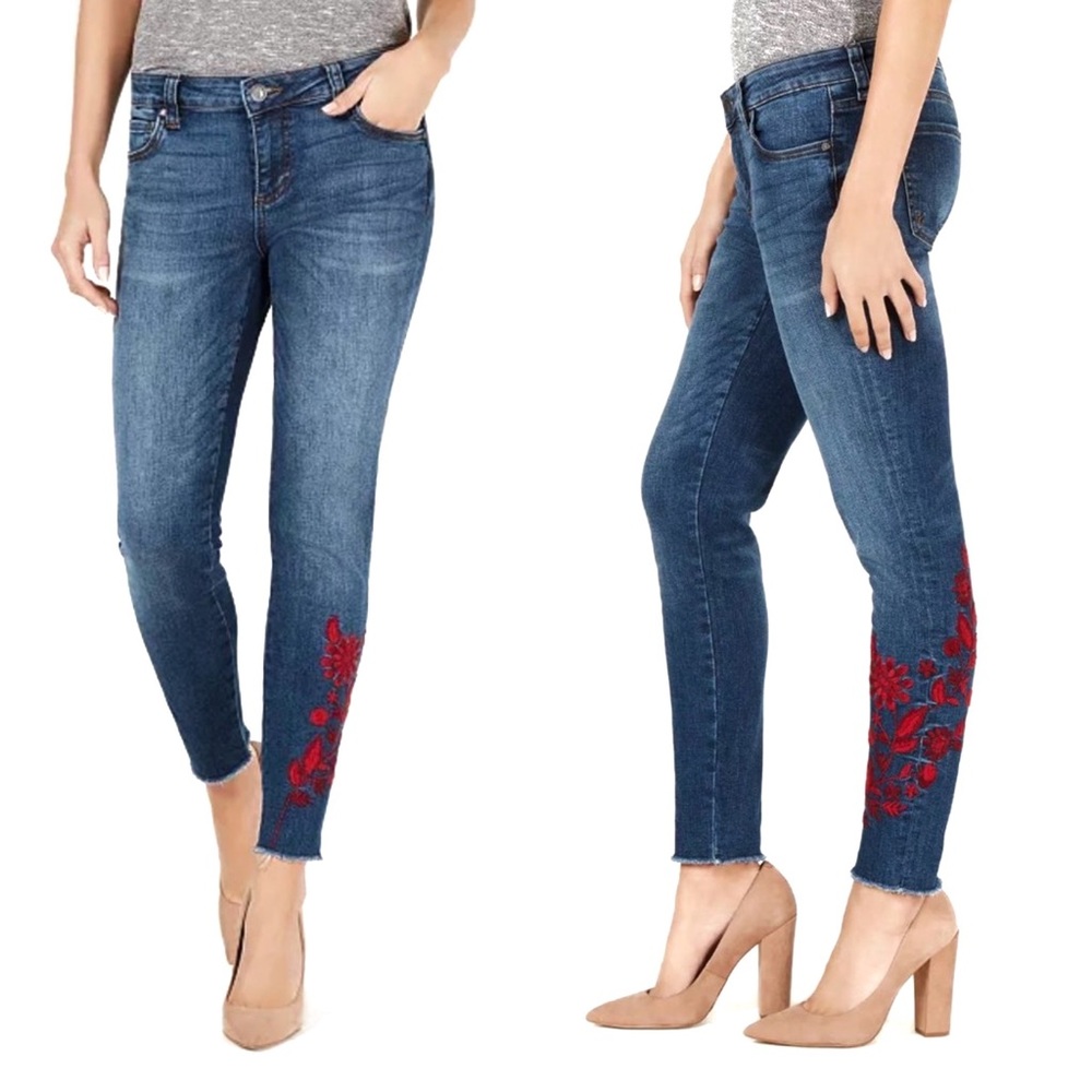 Kut From the Kloth Connie Straight Frayed Open Hems with Red Embroidery on Leg 4